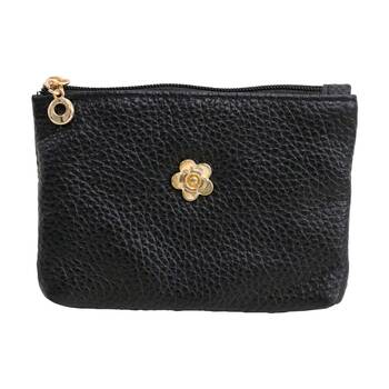 LVD Black Womens Textured Leather Coin Purse W/ Gold Flower 12.5x8cm