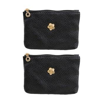 2PK LVD Black Womens Textured Leather Coin Purse W/ Gold Flower 12.5x8cm
