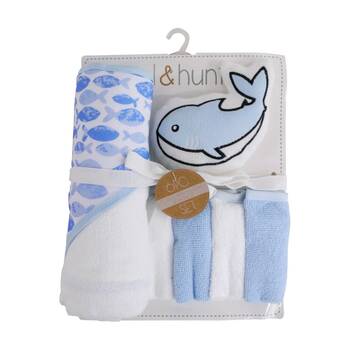 6pc LVD Kids Bathtime Hooded Bath Towel Washcloths and Sponge Set Whale