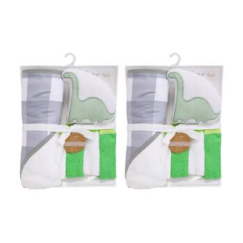 2x 6pc LVD Kids Bathtime Hooded Bath Towel Washcloths and Sponge Set Dinosaur 