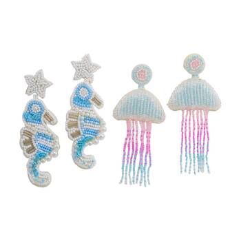 LVD Womens Beaded Jellyfish & Seahorse Coastal Style Earrings Multicolour
