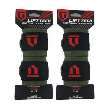2x 2pc Lift-Tech Comp Elastic Support Wrist Wrap Army Green 18in W/ Thumb Loop