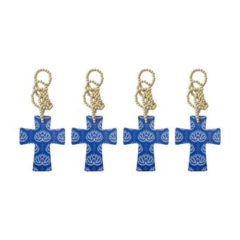 4PK LVD Lotus Cross Home & Living Decor W/ Beads Blue/White 12x14x.05cm
