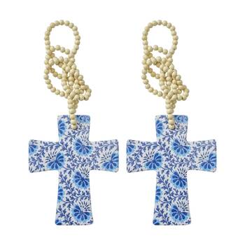 2PK LVD Blue Cintzy Cross Home & Living Decor W/ Beads 12x14x.05cm