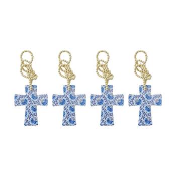 4PK LVD Blue Cintzy Cross Home & Living Decor W/ Beads 12x14x.05cm