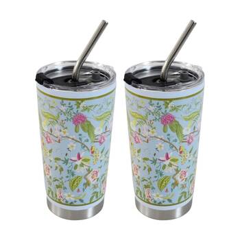 2x 3pc LVD Straw Drink Cup Set W/ Botanica Garden & Straw-Cleaning Brush 600ml