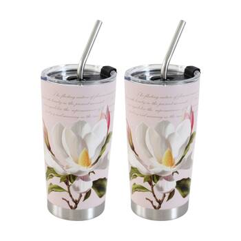 2x 3pc LVD Straw Drink Cup Set W/ Magnolia & Straw-Cleaning Brush 600ml