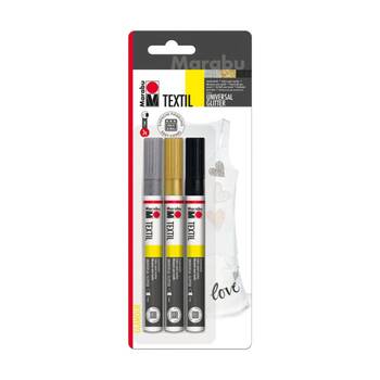3pc Marabu Textil Painter Multicolour Craft Fabric Pen Markers 3mm Glitter