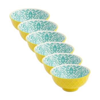 6PK Mikasa Yellow and Blue Geometric Stoneware Nibble Bowl 12cm Dishwasher Safe