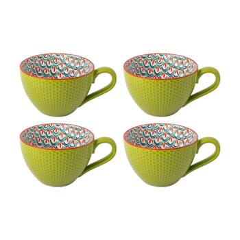 4PK Mikasa Stoneware Mug Green and Blue Geometric Design 330ml Dishwasher Safe
