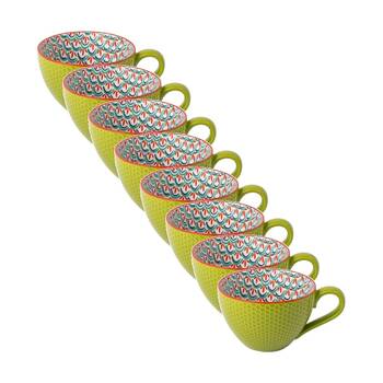 8PK Mikasa Stoneware Mug Green and Blue Geometric Design 330ml Dishwasher Safe