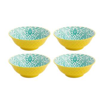 4PK Mikasa Yellow and Blue Geometric Stoneware Ramen Bowl 21cm Dishwasher Safe