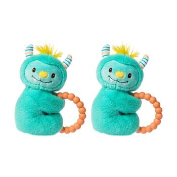2PK Mary Meyer Mookie Monster Soft Plush Rattle & Silicone Teether Aqua 12cm