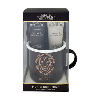4pc Men's Republic Grooming Set With Mug Body Wash Lotion Shower Loofah