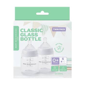2pc New Beginnings Classic Glass Baby Bottle Anti-Colic Silicone Teat Set 120ml