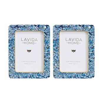 2PK LVD 5x7in Celeste Oceanic MOP Shell/Brass Picture/Photo Frame Decor Blue