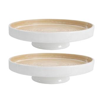 2PK LVD Round White Bamboo Pedestal Serving Tray Home Kitchen Decor 30x30x10cm