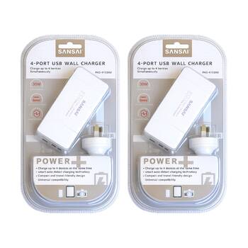2PK Sansai 4-Port USB A & C Charging Station 30W Total Output 1.5m Side Insert