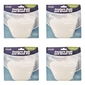 4PK Braz Denture Bath & Dual-Sided Brush Kit W/ Cleaning Box Oral Hygiene
