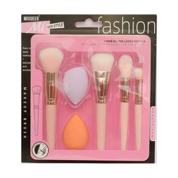 6pc Braz Makeup Brush & Sponge Set W/ Soft Fluffy Bristles Pink/White