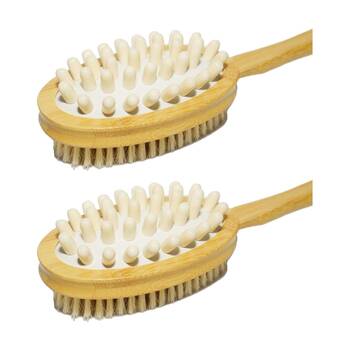2PK Braz Exfoliating Massage Bath Body Brush W/ Long Wooden Handle Natural