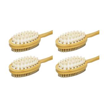 4PK Braz Exfoliating Massage Bath Body Brush W/ Long Wooden Handle Natural