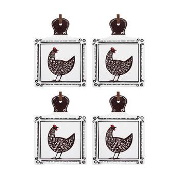 4PK LVD Black/White Chicken Square Ceramic/Cork Trivet Home Decor 20.5x15cm