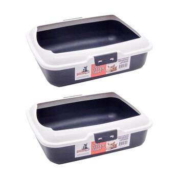 2PK Braz Plastic Rectangular Cat Litter Box W/ Rim & Small Entrance White/Black