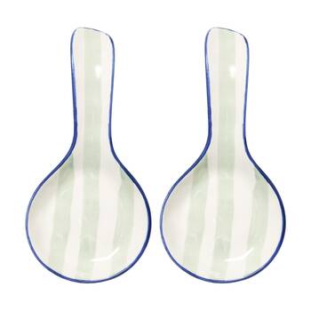 2PK Porto Sable Kitchen Spoon/Utensil Rest White & Sage Green Stripe 22.5x11cm
