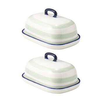 2PK Porto Sable Kitchen Butter Dish White & Sage Green Stripe 18x12.5x10cm