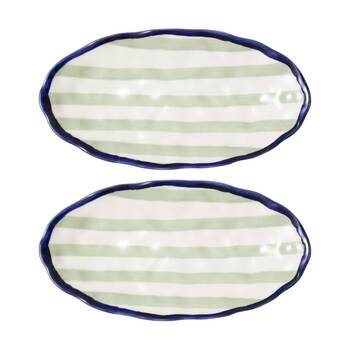 2PK Porto Sable Kitchen Oval Platter White & Sage Green Stripe 31cm
