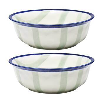 2PK Porto Sable Kitchen Serving Bowl White & Sage Green Stripe 25cm