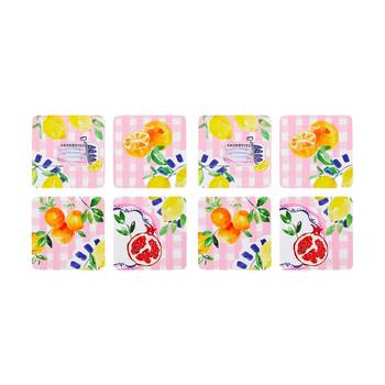 2x 4pc Porto Positano Inspired/Pink Check W/ Lemons Coasters 10cm