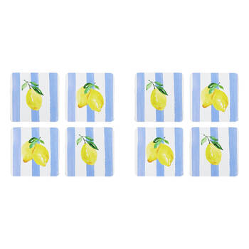 2x 4pc Porto Limone Lemon W/ White & Blue Stripe Coasters 10cm