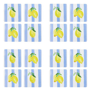 4x 4pc Porto Limone Lemon W/ White & Blue Stripe Coasters 10cm
