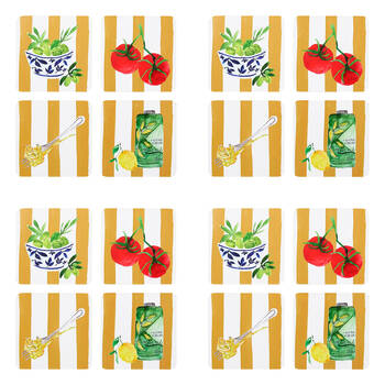 4x 4pc Porto Beige Stripe & Florence Food Rectangle Coasters 10cm