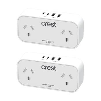 2PK Crest Double Power Adaptor 2 Socket Surge Protector AU/NZ Plug USB-C/A Wh