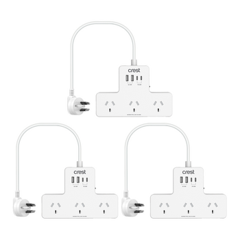 3PK Crest 3 Socket Power Hub Surge Protector AU/NZ Plug USB-C USB-A White 90cm
