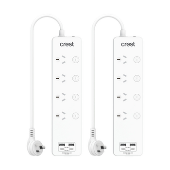 2PK Crest 4-Socket Switch Surge Protector AU/NZ Plug Power Board USB Ports Wh 1m