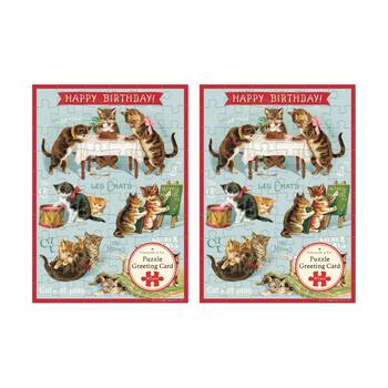 2x Cavallini Greeting Card Design 60pc Puzzle Vintage Cats Play Birthday