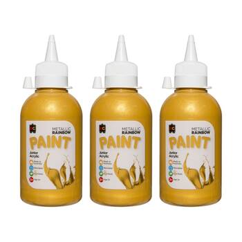 3PK Educational Colours Metallic Rainbow Junior Acrylic Paint Gold 250ml 3y+