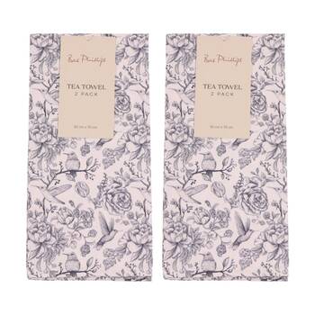2x 2pc Bas Phillips Printed Linen Looks Tea Towel Set Cotton Blue Birds