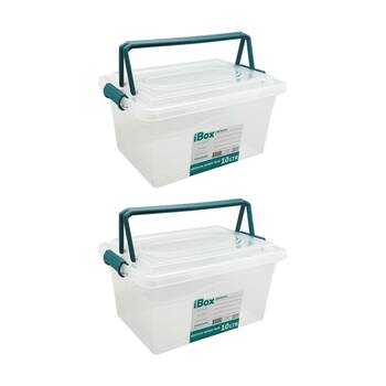 2PK iBox Large Plastic Storage Box W/ Lid & Handle 33x23x17cm 10L Assorted