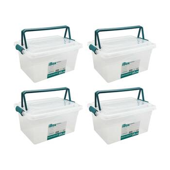 4PK iBox Large Plastic Storage Box W/ Lid & Handle 33x23x17cm 10L Assorted