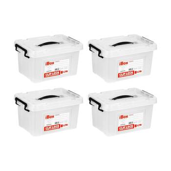 4PK iBox Plastic Storage Container Box W/ Clip Lock Lid & Handle 8L Clear Assrtd