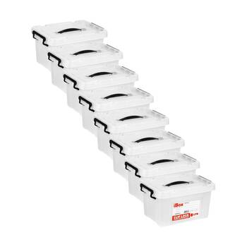 8PK iBox Plastic Storage Container Box W/ Clip Lock Lid & Handle 8L Clear Assrtd