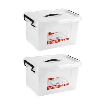2PK iBox Plastic Storage Container Box W/ Clip Lock Lid Handle 20L Clear Assrtd