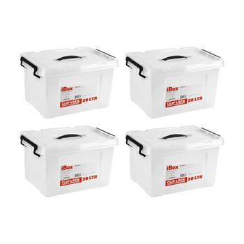 4PK iBox Plastic Storage Container Box W/ Clip Lock Lid & Handle 20L Assrtd