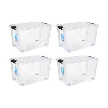 4PK Store More Plastic Storage Rolling Container Box W/ Lid Lock Clips 52L Clear