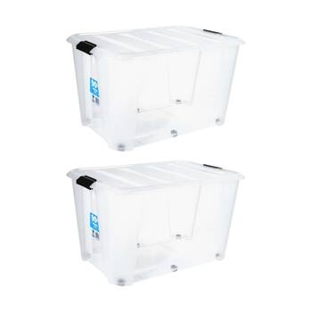 2PK Store More Plastic Storage Rolling Container Box W/ Lid Lock Clips 90L Clear